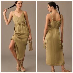 Anthropologie Love the Label Green Satin Utility Jumper Dress Small $248